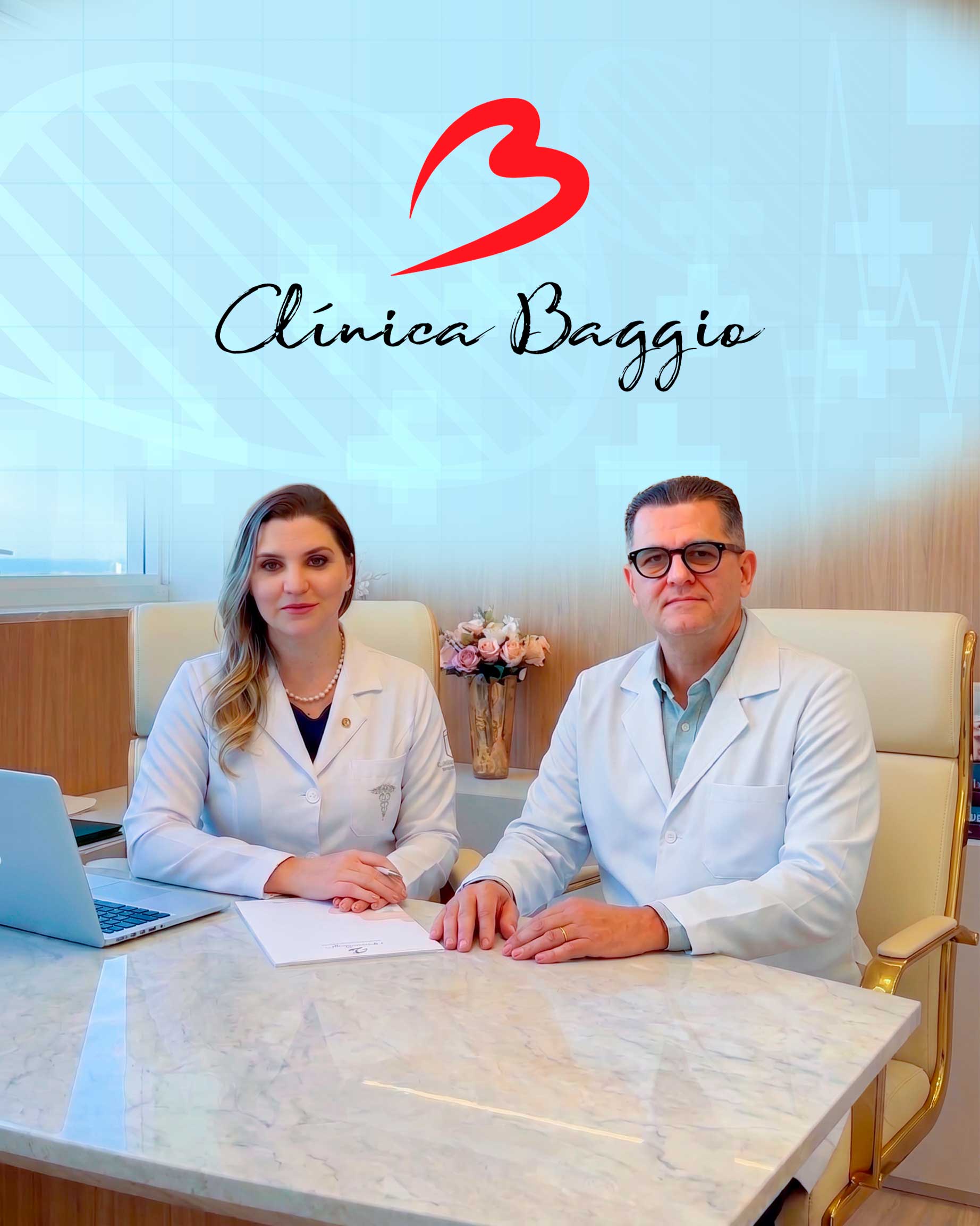 Equipe médica da Clínica Baggio analisando dados clínicos com atenção e cuidado